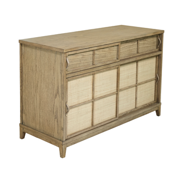 Wooden sideboard with glass panels on a white background